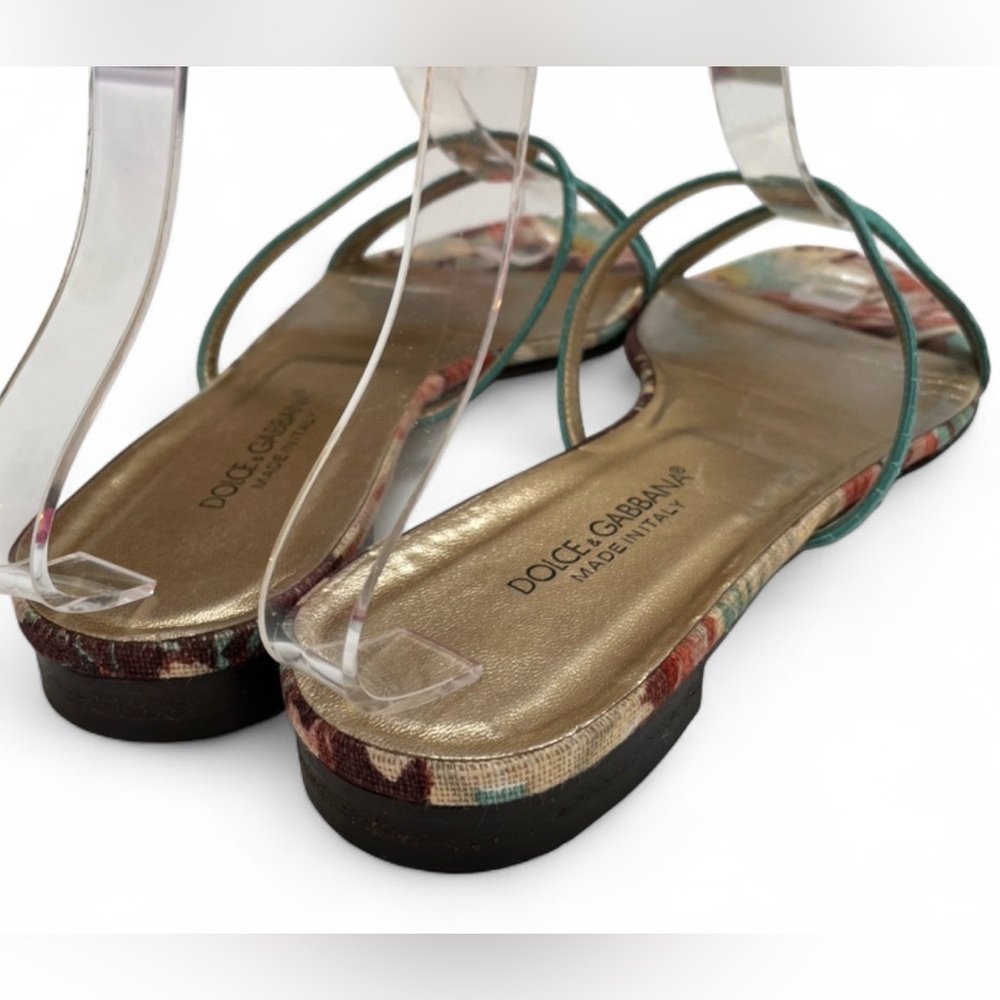 Dolce & Gabbana Turquoise Snake-Embossed Leather & Floral Canvas Flats Size 7.5 - Picture 8 of 9